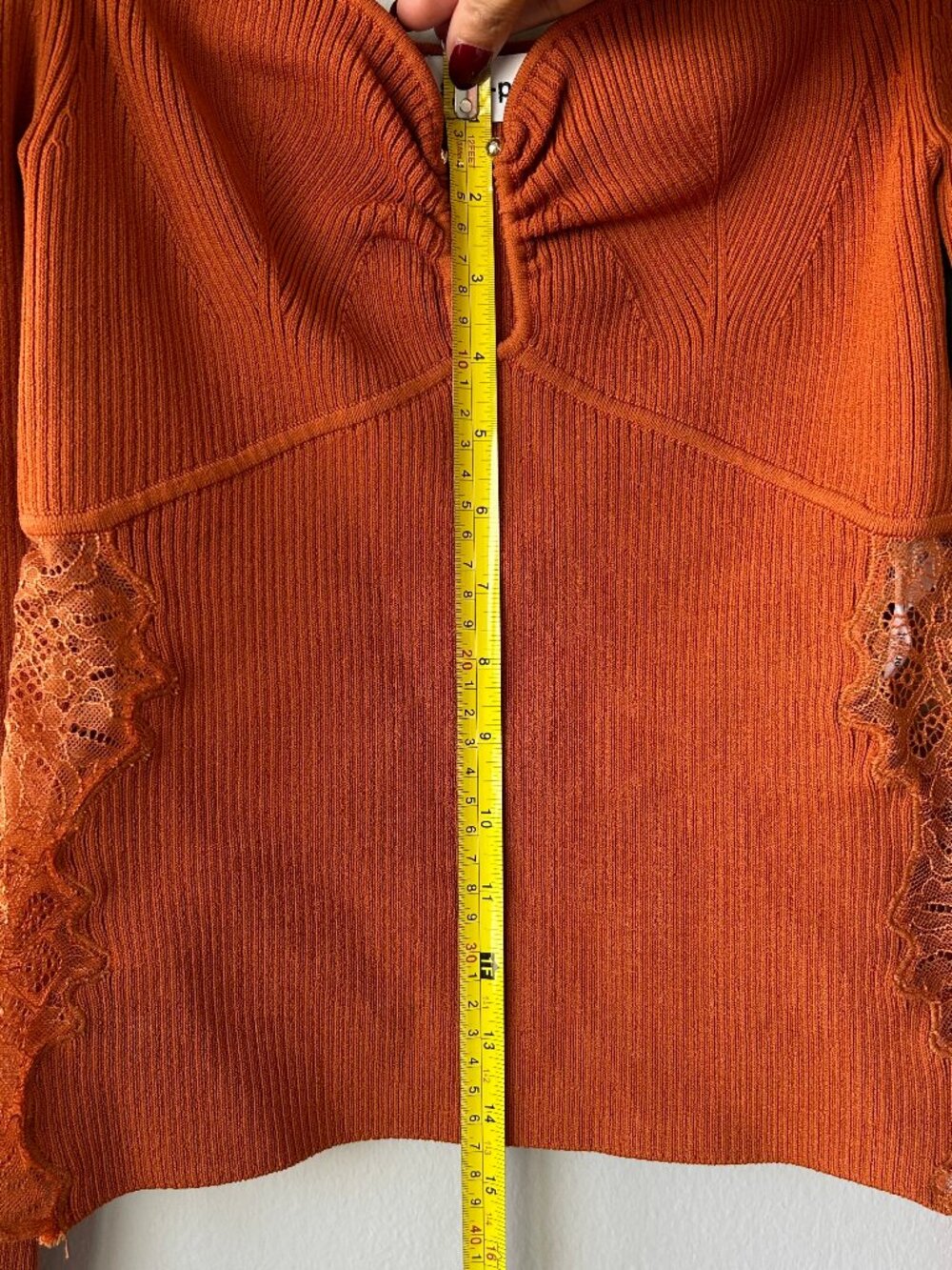 Self-Portrait Cinnamon Ribbed Knit Top Lace Panel Cutout Women Size L - Picture 11 of 12